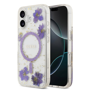 Apple iPhone 17 Kılıf Guess M-safe Şarj Özellikli Transparan Resin Flowers Kapak Mor