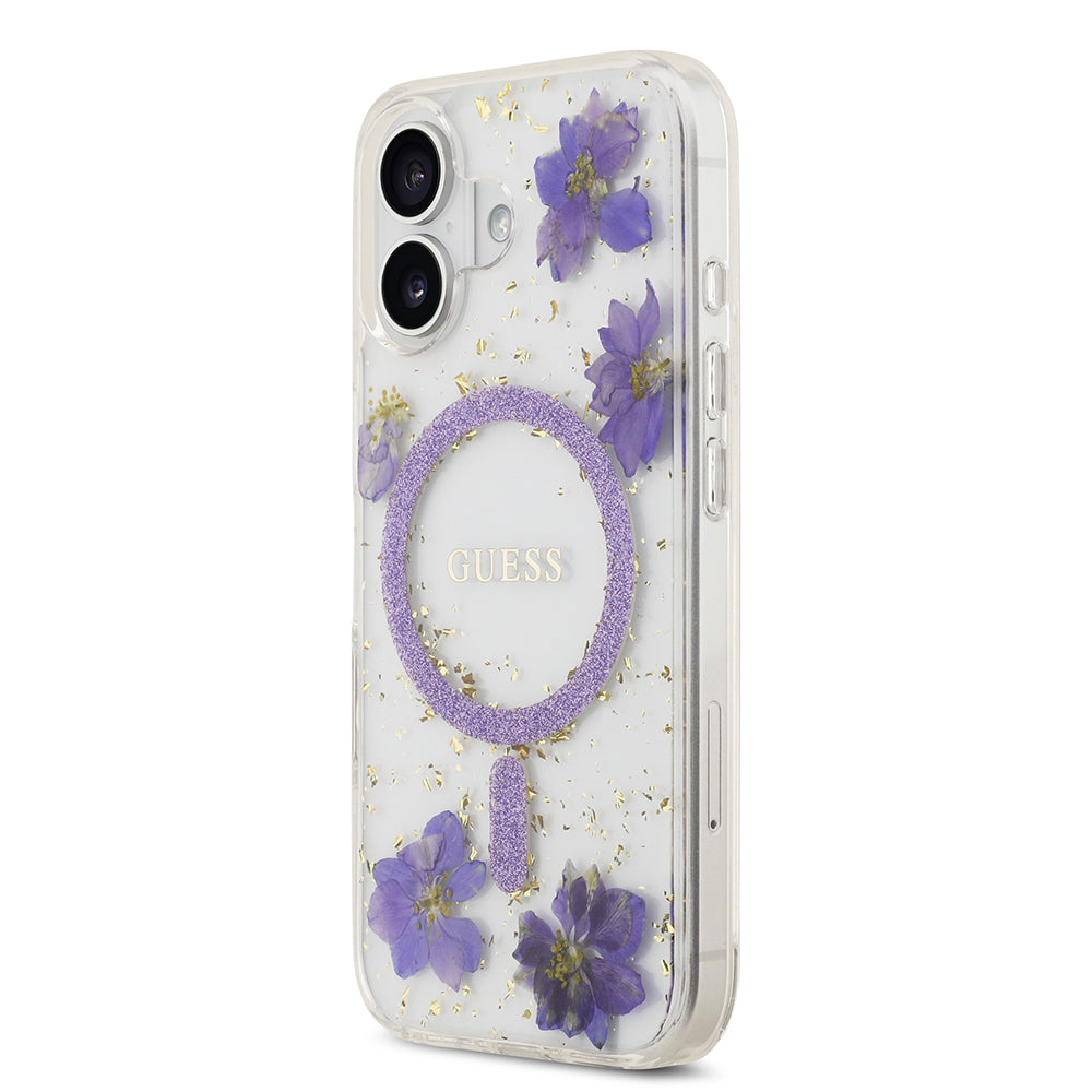 Apple iPhone 17 Kılıf Guess M-safe Şarj Özellikli Transparan Resin Flowers Kapak Mor