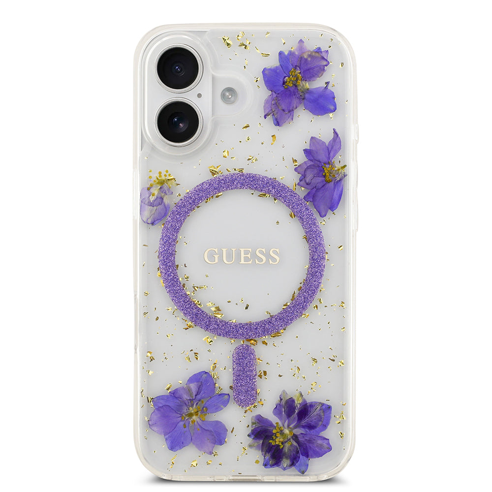 Apple iPhone 17 Kılıf Guess M-safe Şarj Özellikli Transparan Resin Flowers Kapak Mor