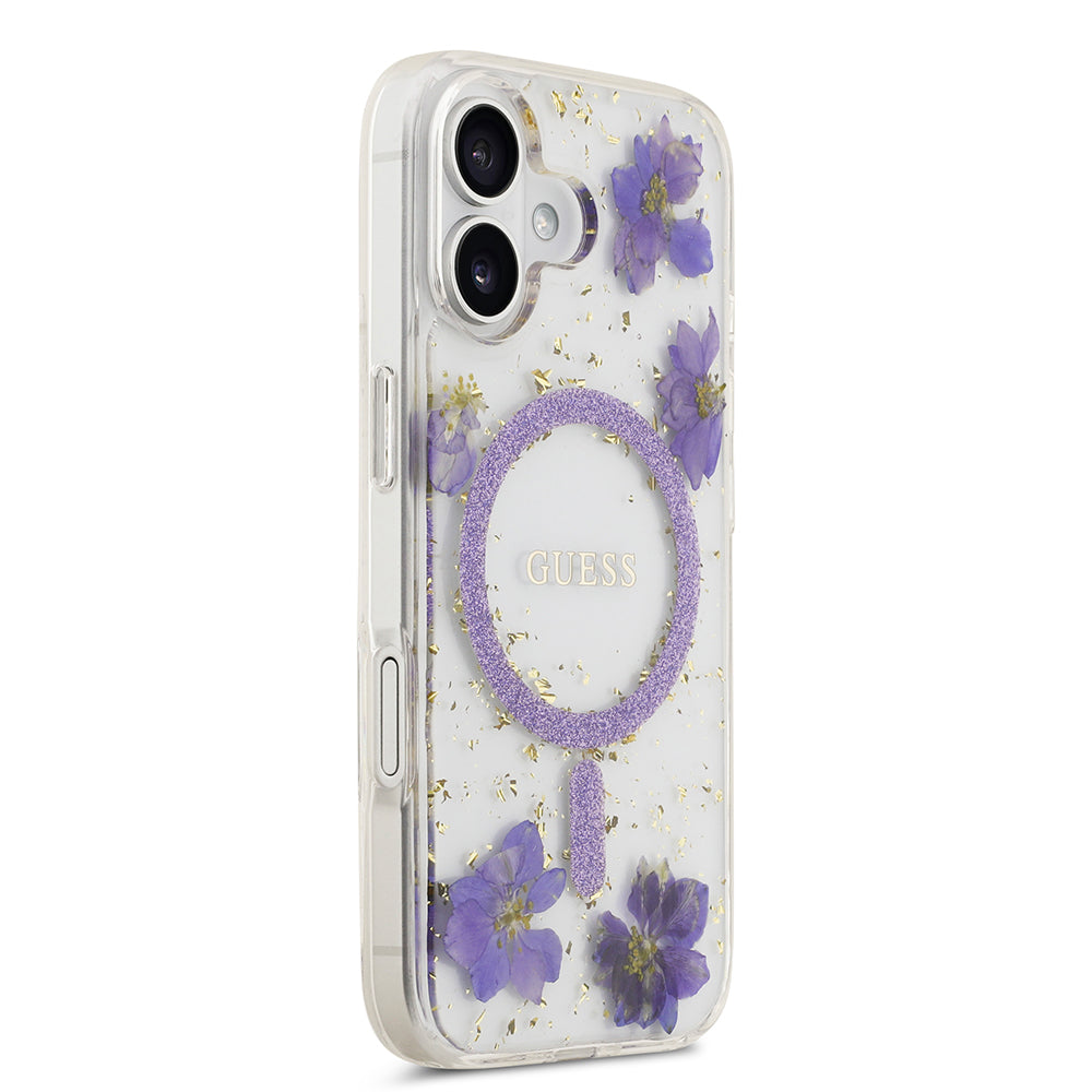 Apple iPhone 17 Kılıf Guess M-safe Şarj Özellikli Transparan Resin Flowers Kapak Mor