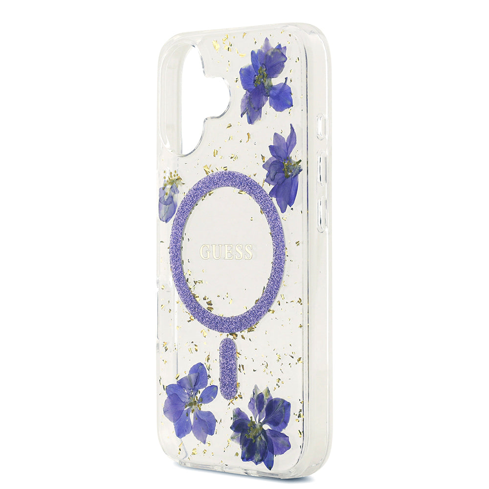Apple iPhone 17 Kılıf Guess M-safe Şarj Özellikli Transparan Resin Flowers Kapak Mor