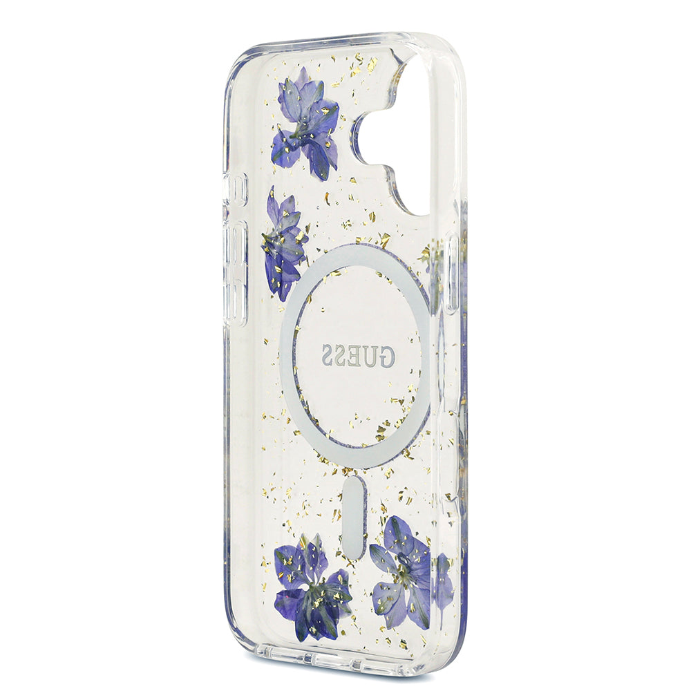 Apple iPhone 17 Kılıf Guess M-safe Şarj Özellikli Transparan Resin Flowers Kapak Mor
