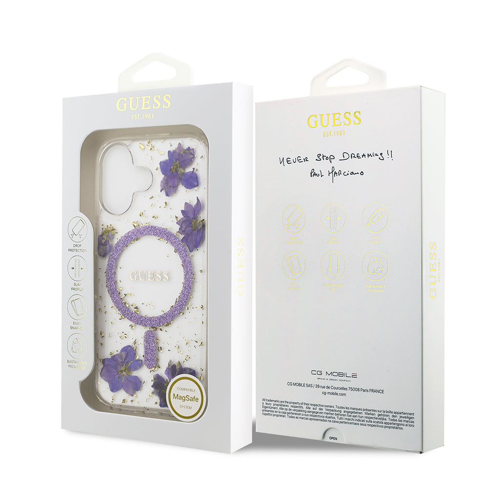 Apple iPhone 17 Kılıf Guess M-safe Şarj Özellikli Transparan Resin Flowers Kapak Mor