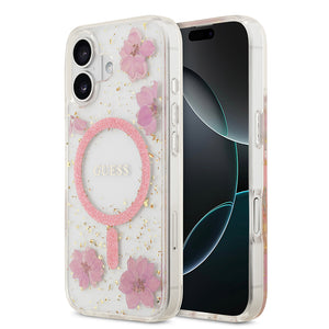 Apple iPhone 17 Kılıf Guess M-safe Şarj Özellikli Transparan Resin Flowers Kapak Pembe