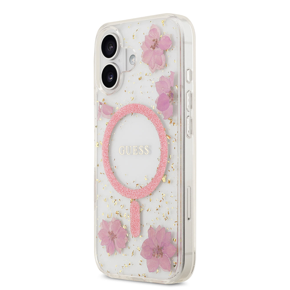 Apple iPhone 17 Kılıf Guess M-safe Şarj Özellikli Transparan Resin Flowers Kapak Pembe