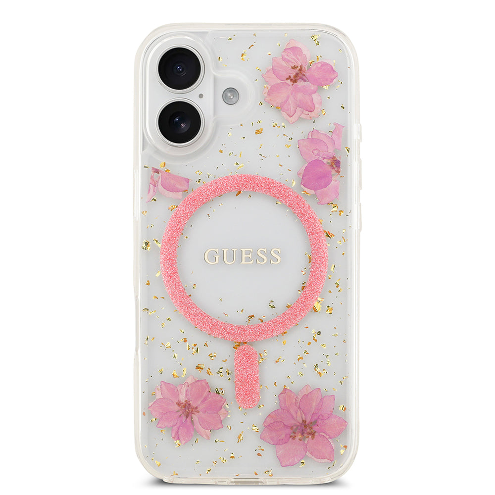 Apple iPhone 17 Kılıf Guess M-safe Şarj Özellikli Transparan Resin Flowers Kapak Pembe