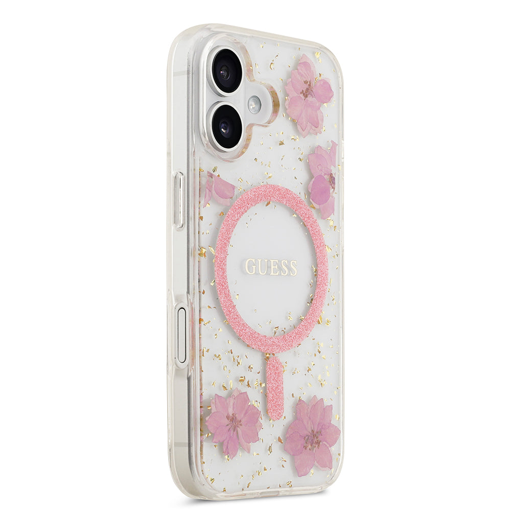 Apple iPhone 17 Kılıf Guess M-safe Şarj Özellikli Transparan Resin Flowers Kapak Pembe