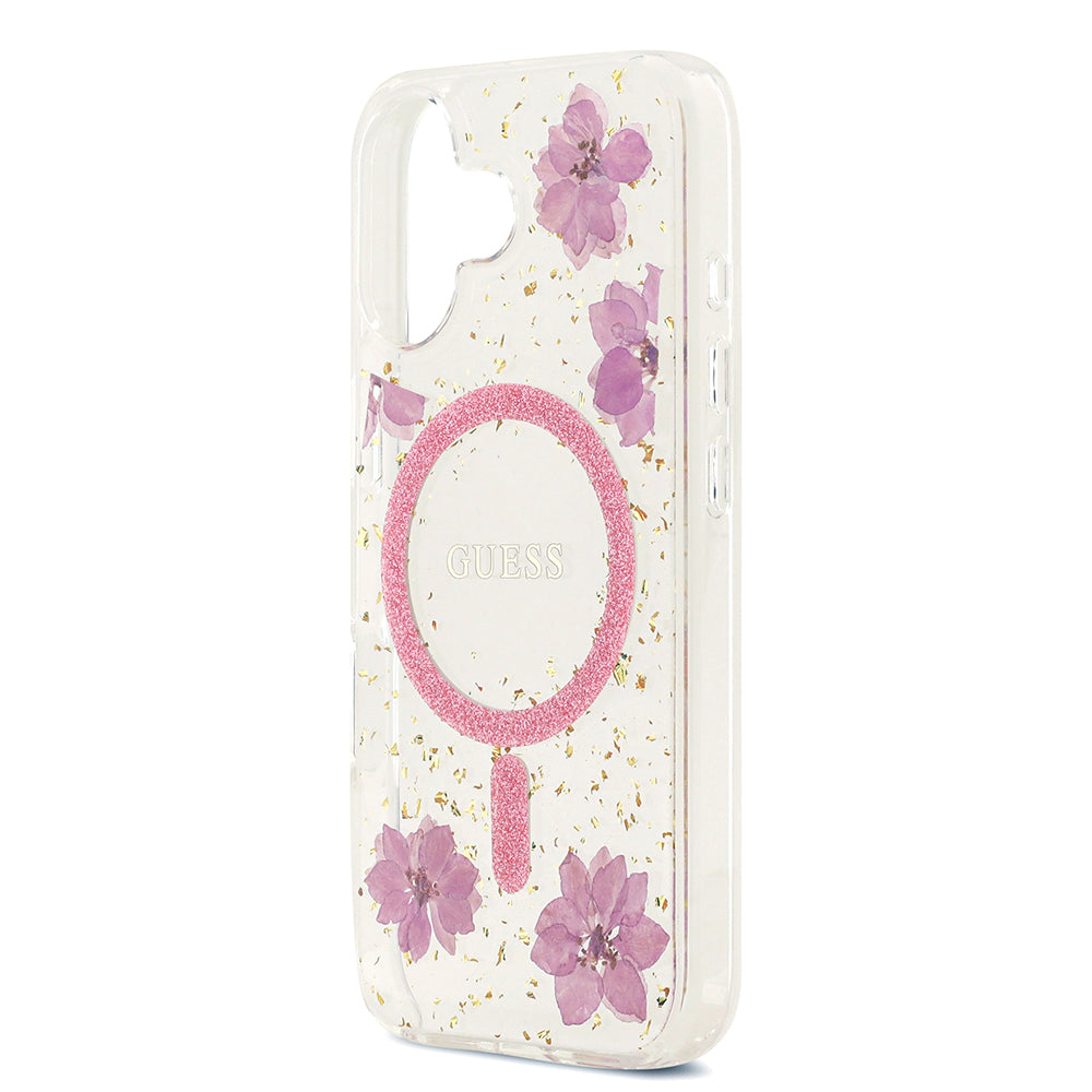 Apple iPhone 17 Kılıf Guess M-safe Şarj Özellikli Transparan Resin Flowers Kapak Pembe