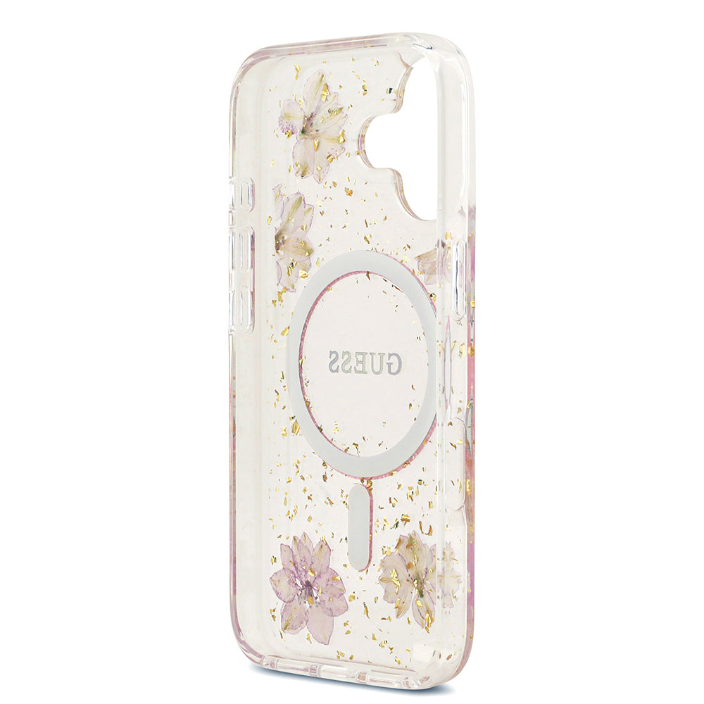 Apple iPhone 17 Kılıf Guess M-safe Şarj Özellikli Transparan Resin Flowers Kapak Pembe