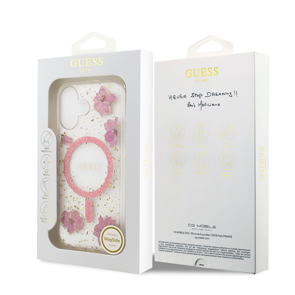 Apple iPhone 17 Kılıf Guess M-safe Şarj Özellikli Transparan Resin Flowers Kapak Pembe