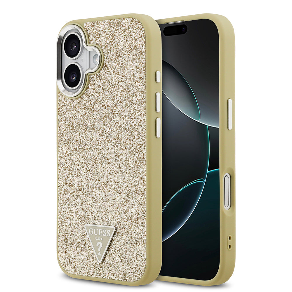 Apple iPhone 17 Kılıf Guess M-safe Şarj Özellikli Üçgen Logolu Glitter Kapak Gold