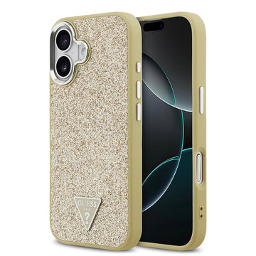 Apple iPhone 17 Kılıf Guess M-safe Şarj Özellikli Üçgen Logolu Glitter Kapak Gold