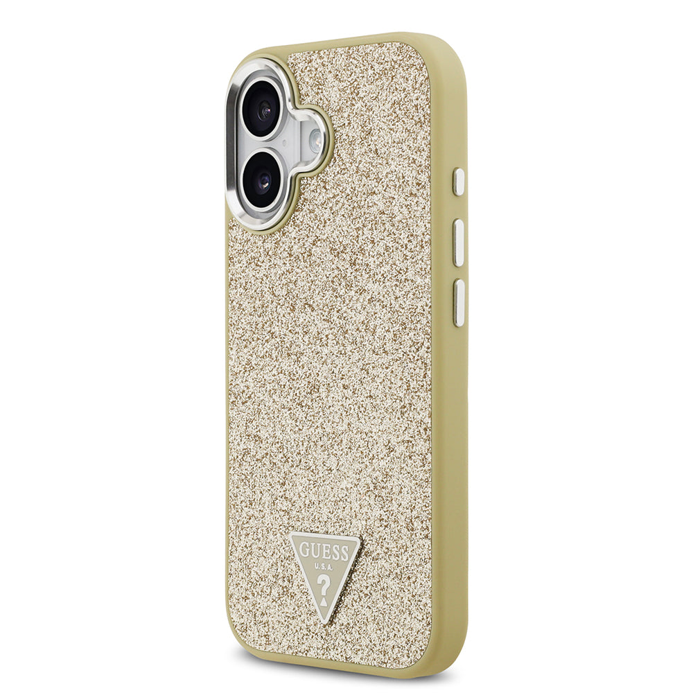 Apple iPhone 17 Kılıf Guess M-safe Şarj Özellikli Üçgen Logolu Glitter Kapak Gold