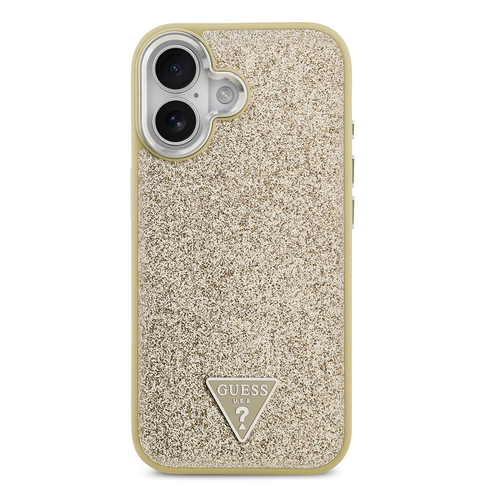 Apple iPhone 17 Kılıf Guess M-safe Şarj Özellikli Üçgen Logolu Glitter Kapak Gold