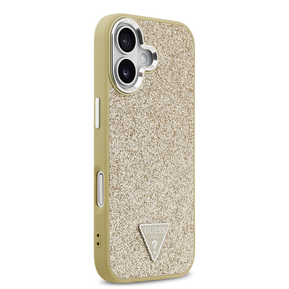 Apple iPhone 17 Kılıf Guess M-safe Şarj Özellikli Üçgen Logolu Glitter Kapak Gold