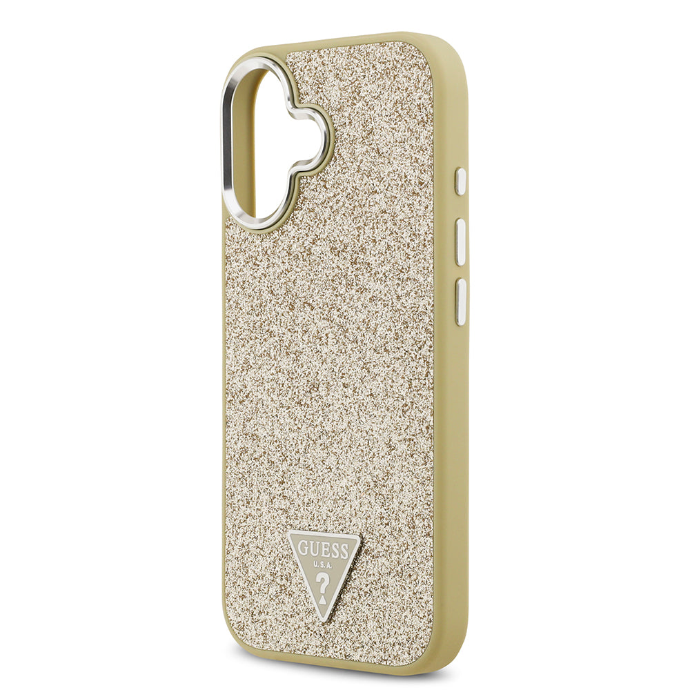 Apple iPhone 17 Kılıf Guess M-safe Şarj Özellikli Üçgen Logolu Glitter Kapak Gold