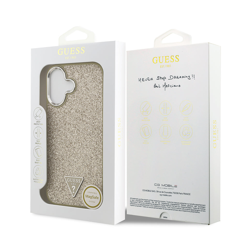 Apple iPhone 17 Kılıf Guess M-safe Şarj Özellikli Üçgen Logolu Glitter Kapak Gold