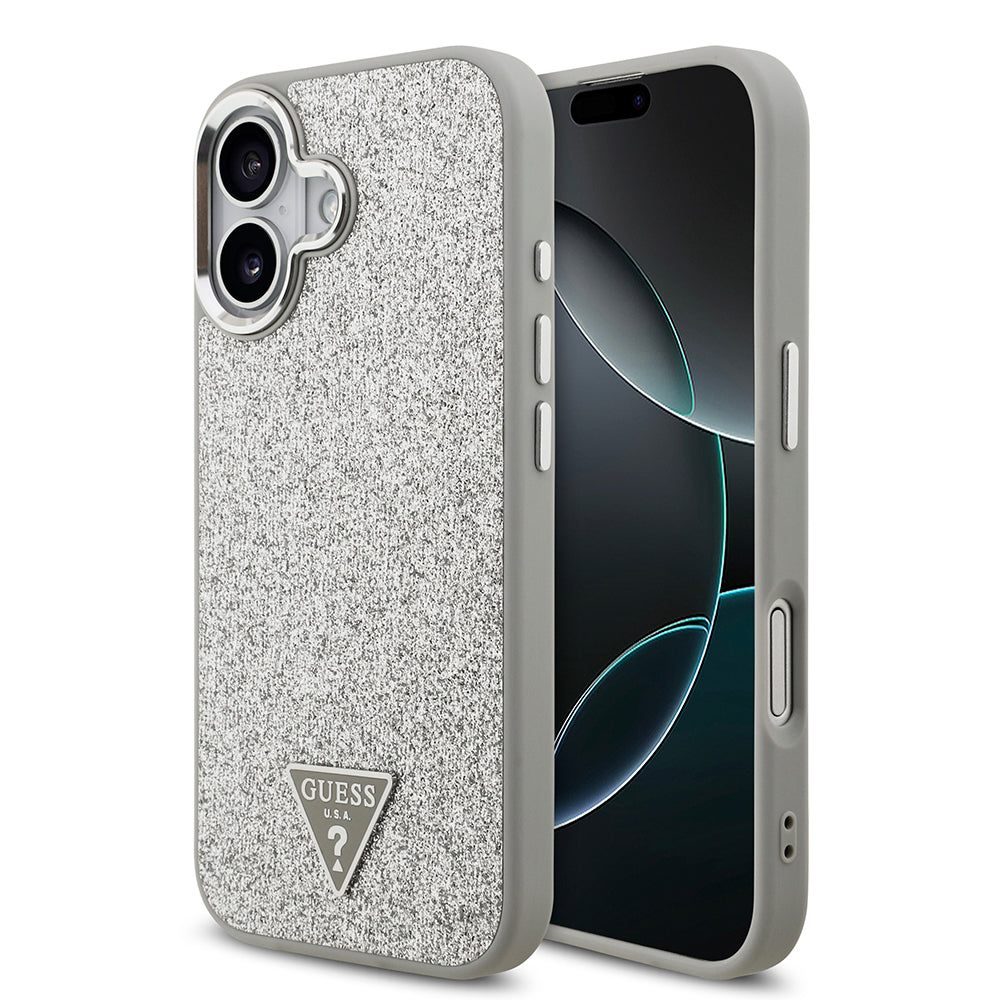 Apple iPhone 17 Kılıf Guess M-safe Şarj Özellikli Üçgen Logolu Glitter Kapak Gri