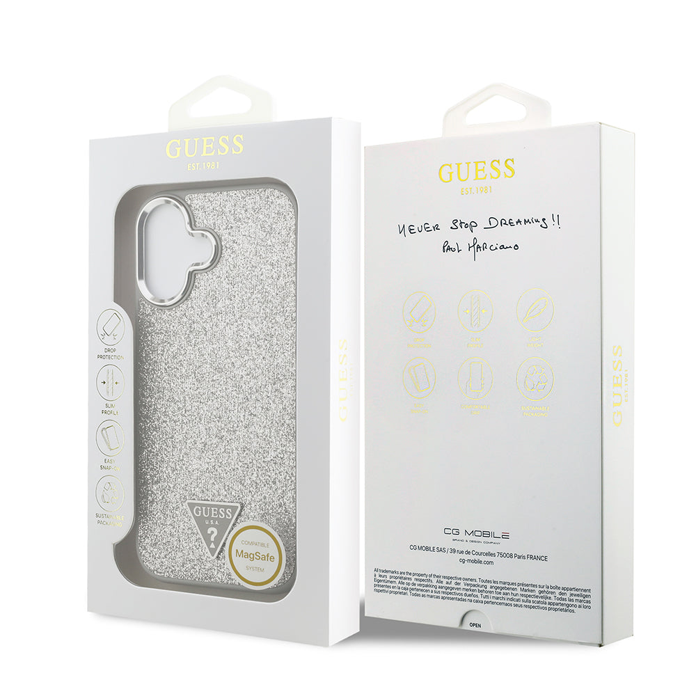 Apple iPhone 17 Kılıf Guess M-safe Şarj Özellikli Üçgen Logolu Glitter Kapak Gri