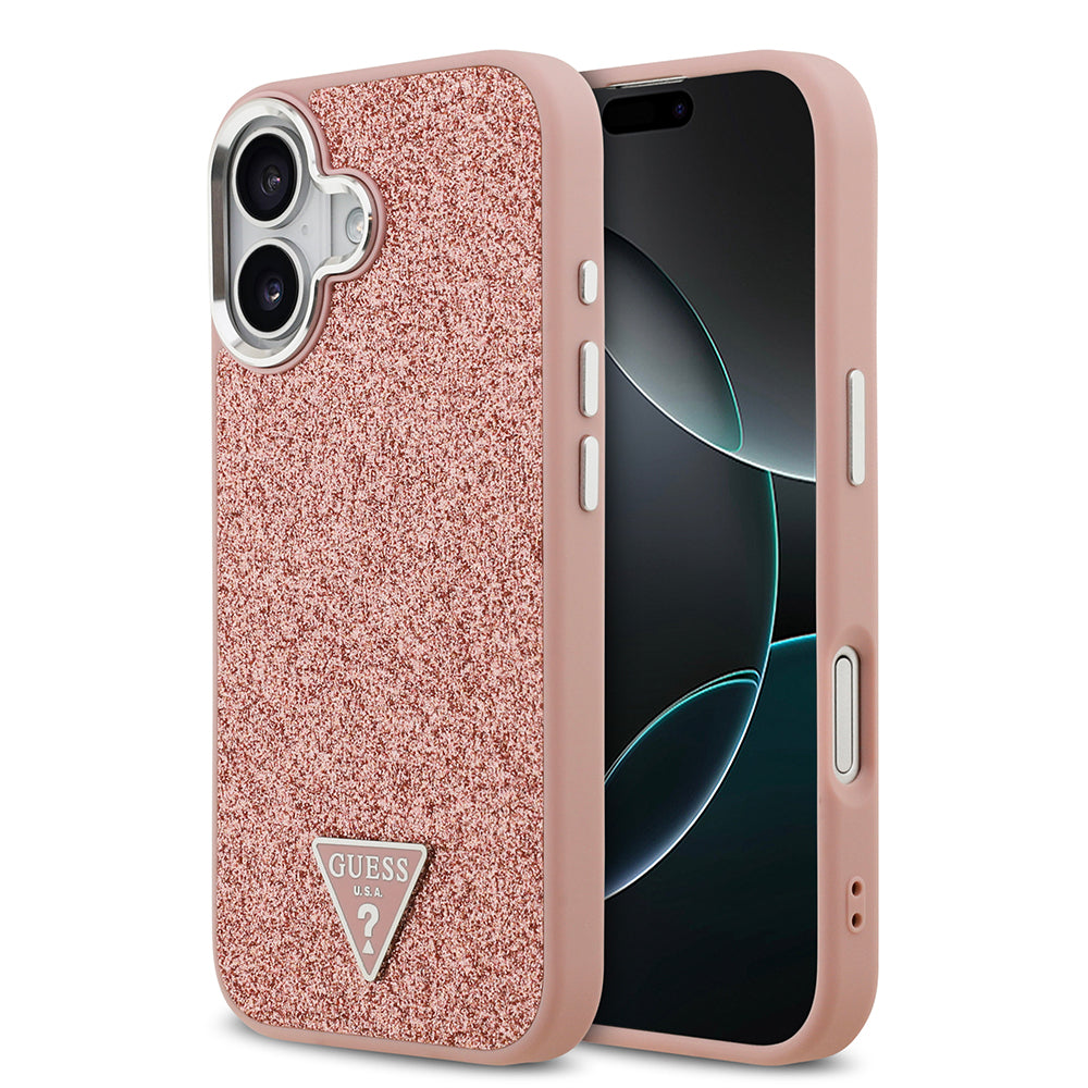 Apple iPhone 17 Kılıf Guess M-safe Şarj Özellikli Üçgen Logolu Glitter Kapak Pembe