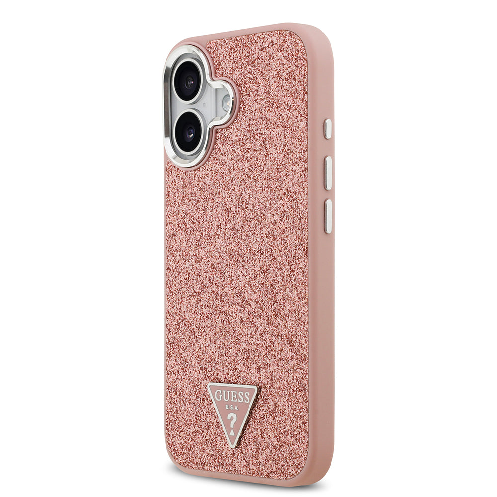 Apple iPhone 17 Kılıf Guess M-safe Şarj Özellikli Üçgen Logolu Glitter Kapak Pembe