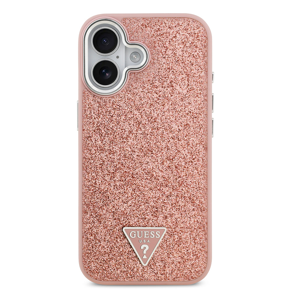 Apple iPhone 17 Kılıf Guess M-safe Şarj Özellikli Üçgen Logolu Glitter Kapak Pembe