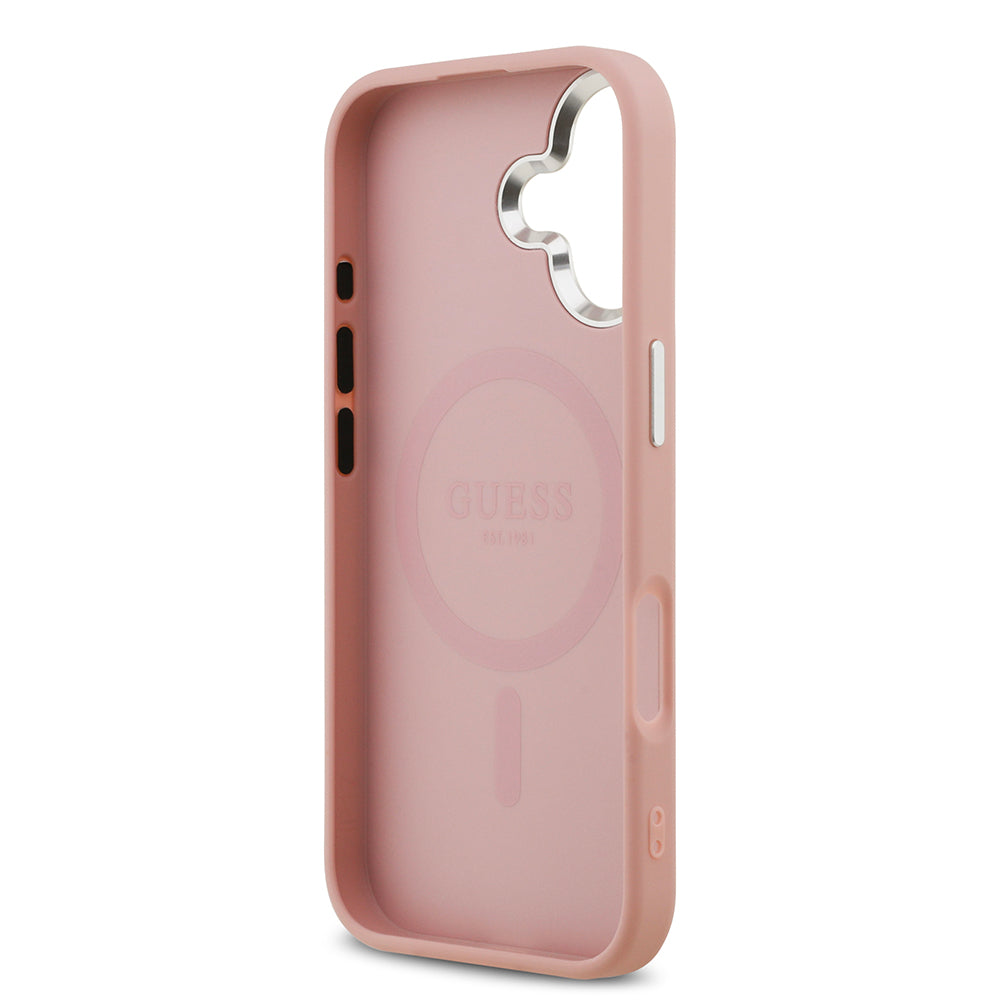 Apple iPhone 17 Kılıf Guess M-safe Şarj Özellikli Üçgen Logolu Glitter Kapak Pembe