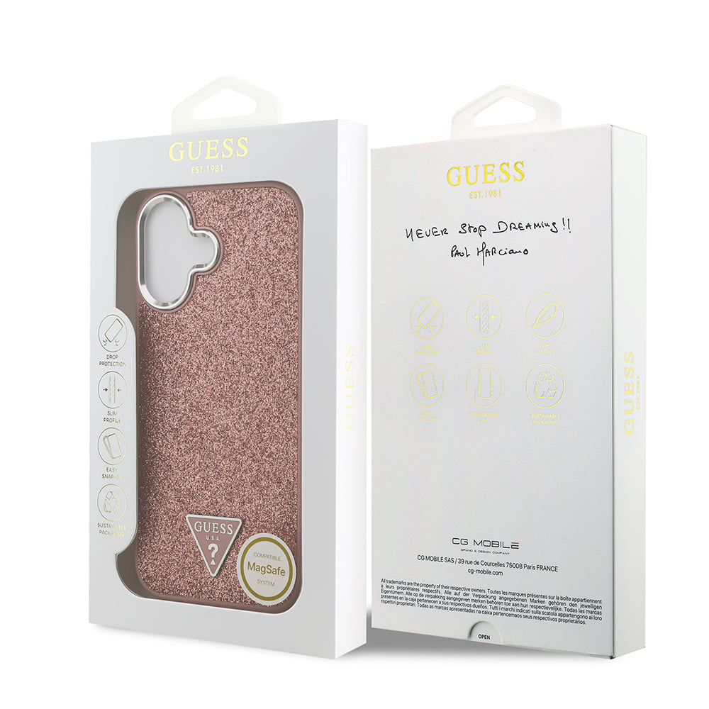 Apple iPhone 17 Kılıf Guess M-safe Şarj Özellikli Üçgen Logolu Glitter Kapak Pembe