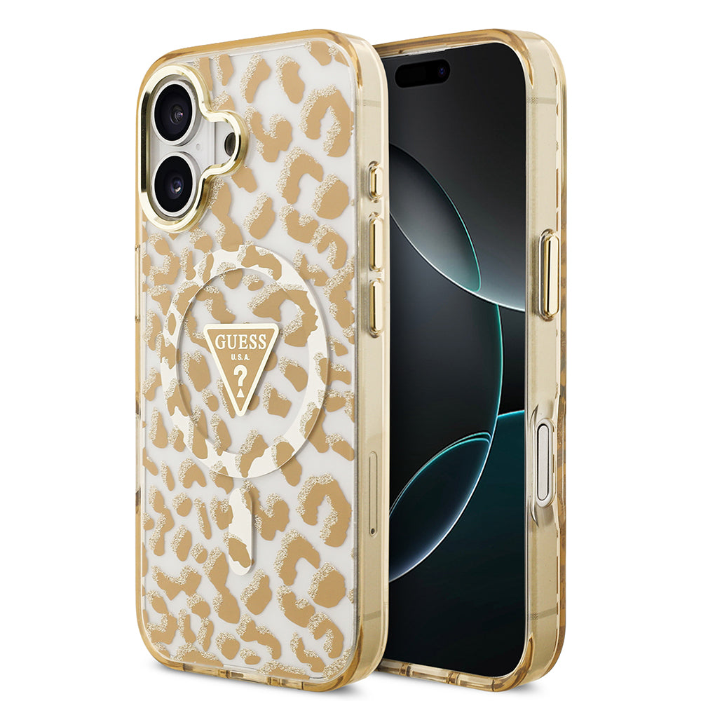 Apple iPhone 17 Kılıf Guess M-safe Şarj Özellikli Üçgen Logolu Simli Leopar Desenli Kapak Kahverengi