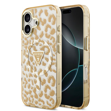 Apple iPhone 17 Kılıf Guess M-safe Şarj Özellikli Üçgen Logolu Simli Leopar Desenli Kapak Kahverengi
