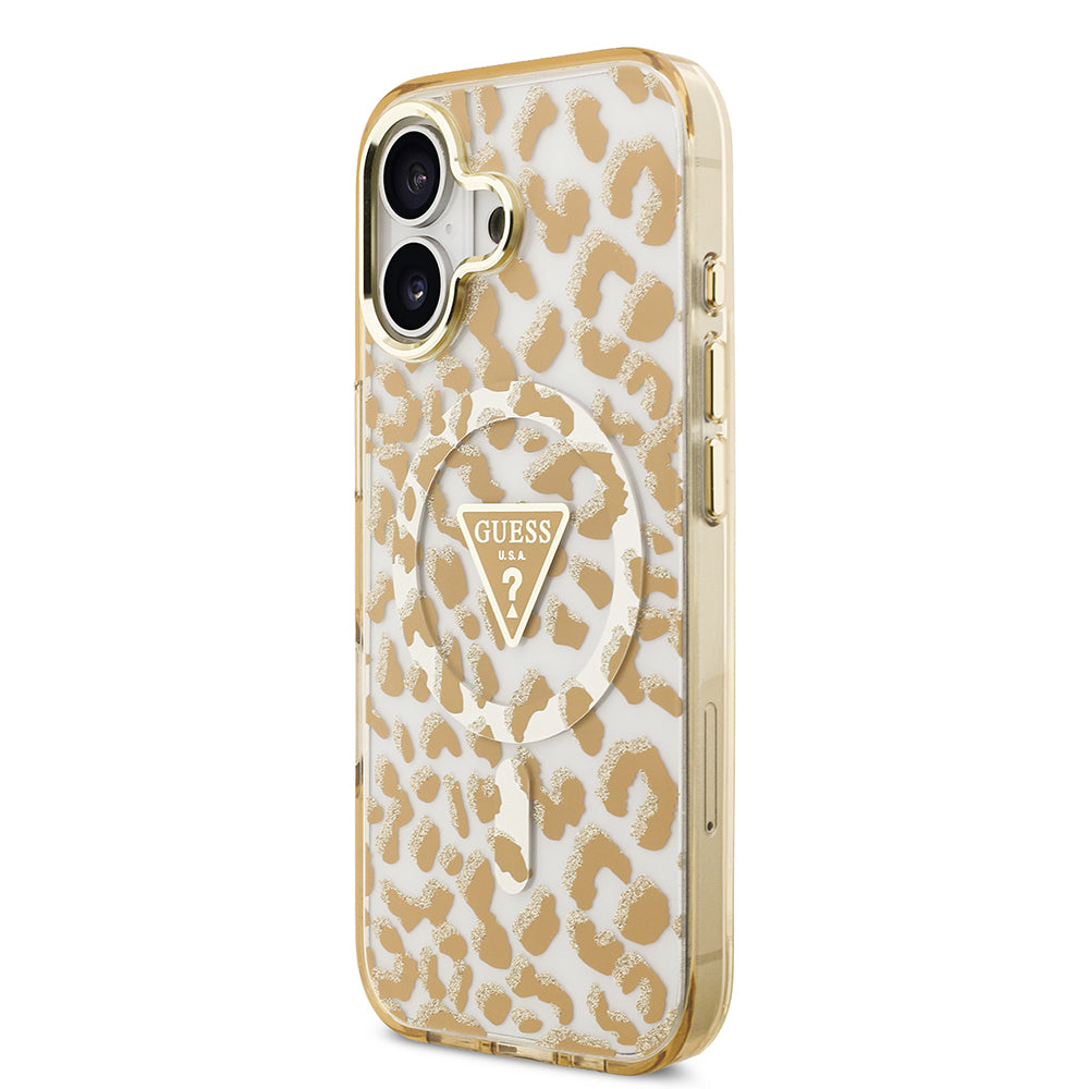 Apple iPhone 17 Kılıf Guess M-safe Şarj Özellikli Üçgen Logolu Simli Leopar Desenli Kapak Kahverengi