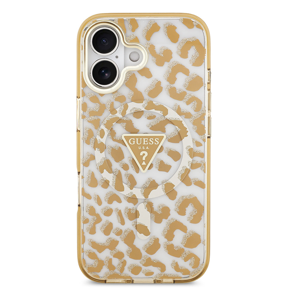 Apple iPhone 17 Kılıf Guess M-safe Şarj Özellikli Üçgen Logolu Simli Leopar Desenli Kapak Kahverengi