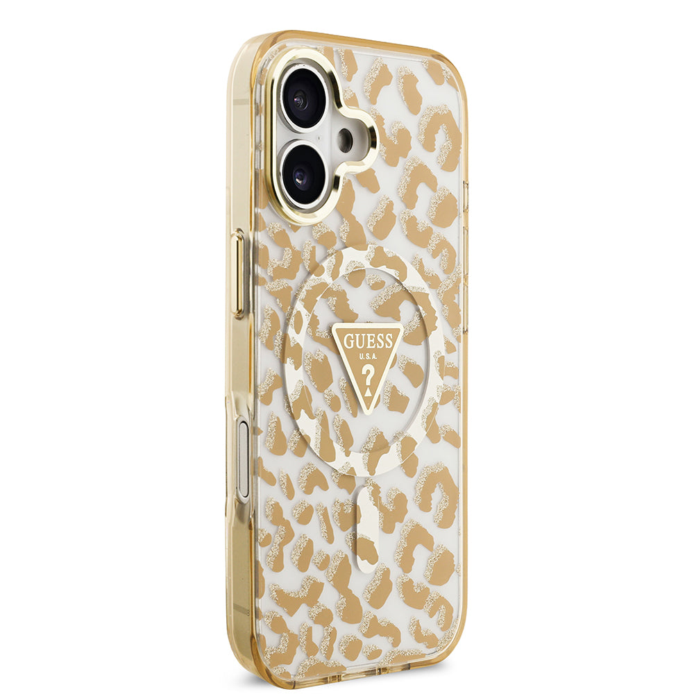 Apple iPhone 17 Kılıf Guess M-safe Şarj Özellikli Üçgen Logolu Simli Leopar Desenli Kapak Kahverengi