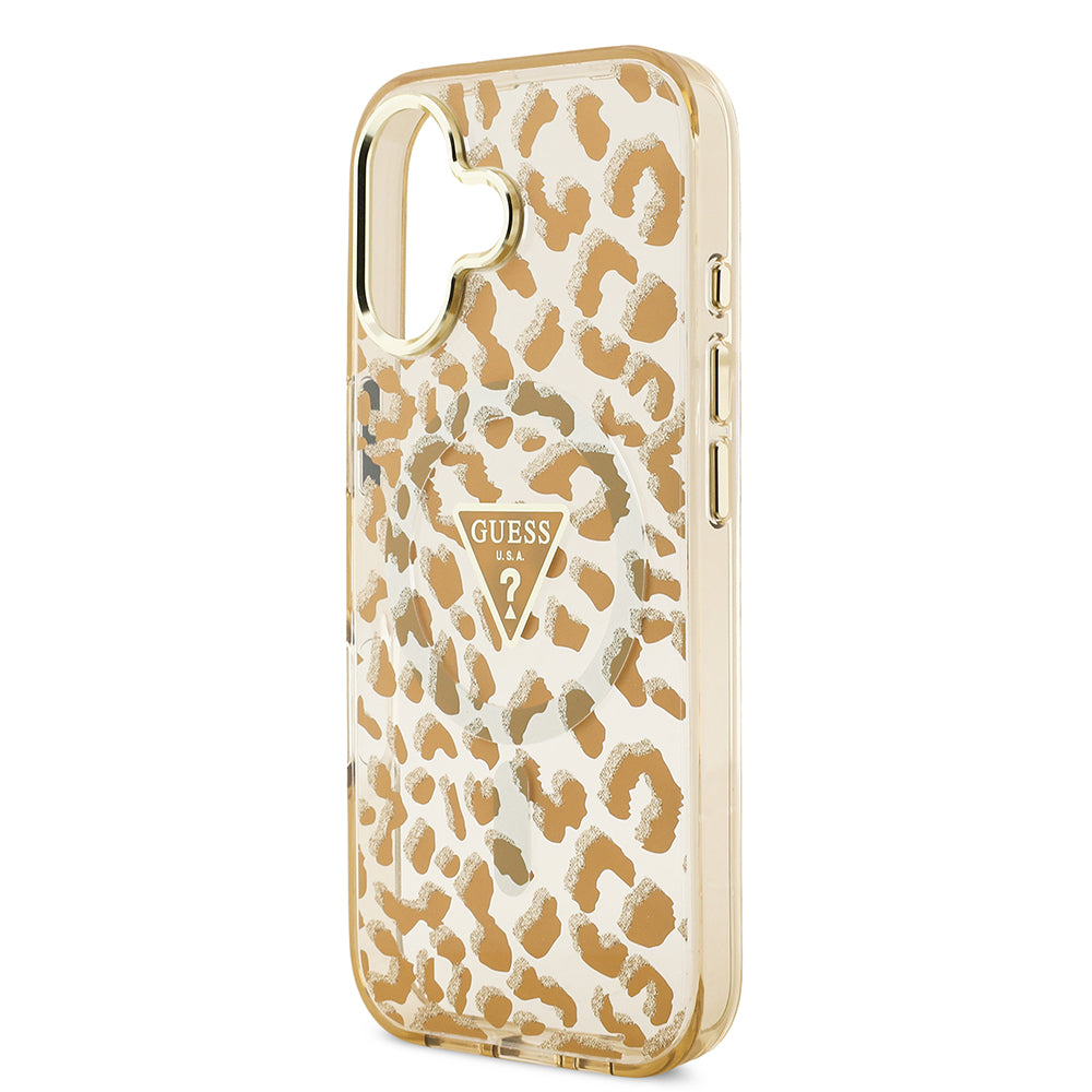 Apple iPhone 17 Kılıf Guess M-safe Şarj Özellikli Üçgen Logolu Simli Leopar Desenli Kapak Kahverengi