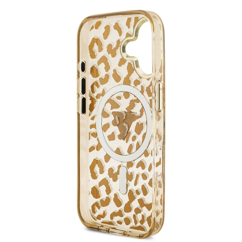 Apple iPhone 17 Kılıf Guess M-safe Şarj Özellikli Üçgen Logolu Simli Leopar Desenli Kapak Kahverengi