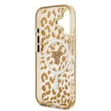 Apple iPhone 17 Kılıf Guess M-safe Şarj Özellikli Üçgen Logolu Simli Leopar Desenli Kapak Kahverengi