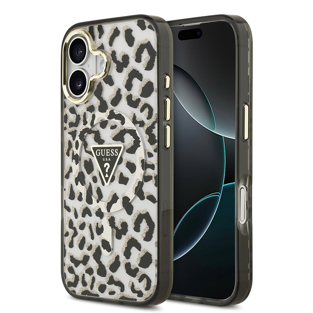 Apple iPhone 17 Kılıf Guess M-safe Şarj Özellikli Üçgen Logolu Simli Leopar Desenli Kapak Siyah
