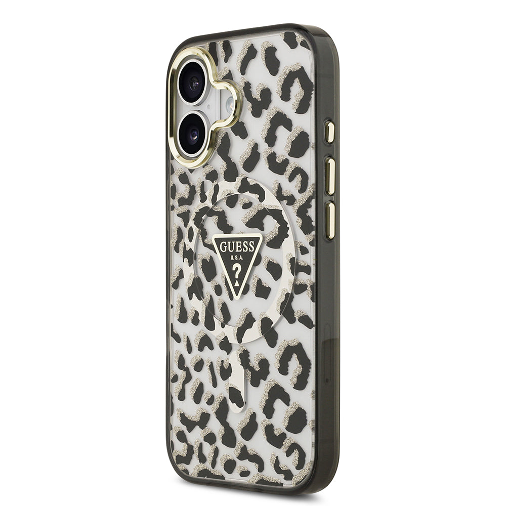 Apple iPhone 17 Kılıf Guess M-safe Şarj Özellikli Üçgen Logolu Simli Leopar Desenli Kapak Siyah