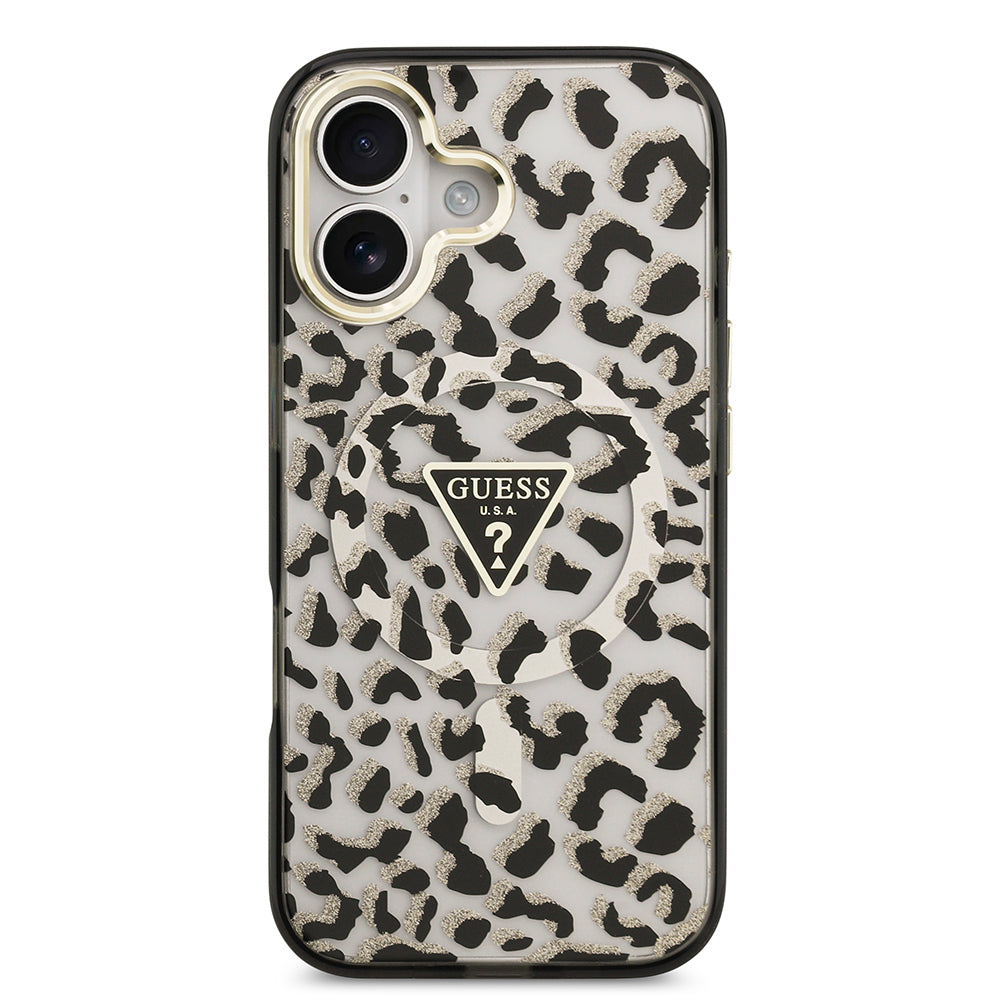 Apple iPhone 17 Kılıf Guess M-safe Şarj Özellikli Üçgen Logolu Simli Leopar Desenli Kapak Siyah