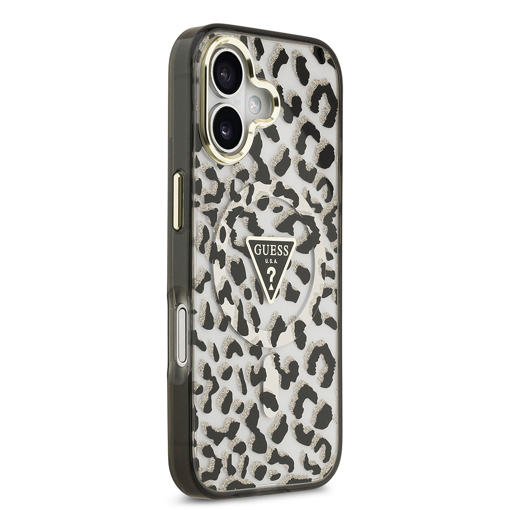 Apple iPhone 17 Kılıf Guess M-safe Şarj Özellikli Üçgen Logolu Simli Leopar Desenli Kapak Siyah