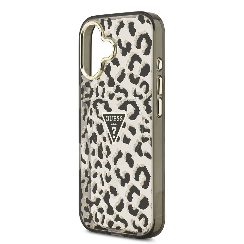 Apple iPhone 17 Kılıf Guess M-safe Şarj Özellikli Üçgen Logolu Simli Leopar Desenli Kapak Siyah