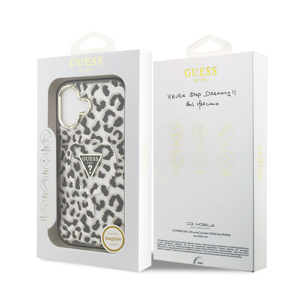 Apple iPhone 17 Kılıf Guess M-safe Şarj Özellikli Üçgen Logolu Simli Leopar Desenli Kapak Siyah