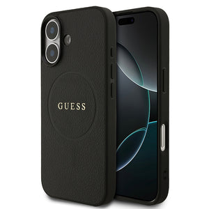 Apple iPhone 17 Kılıf Guess M-safe Şarj Özellikli Yazı Logolu PU Deri Kapak Siyah
