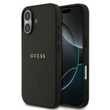 Apple iPhone 17 Kılıf Guess M-safe Şarj Özellikli Yazı Logolu PU Deri Kapak Siyah