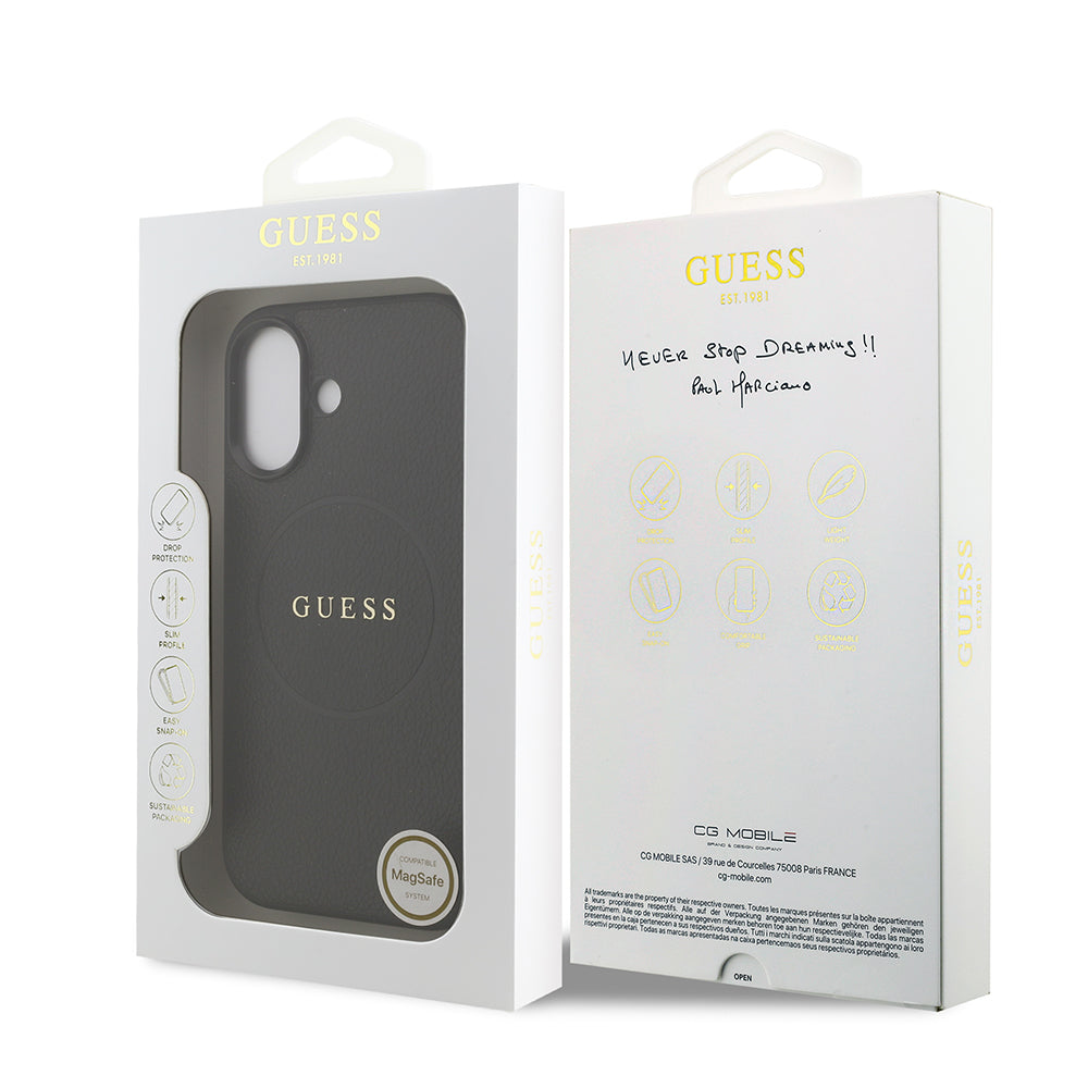Apple iPhone 17 Kılıf Guess M-safe Şarj Özellikli Yazı Logolu PU Deri Kapak Siyah