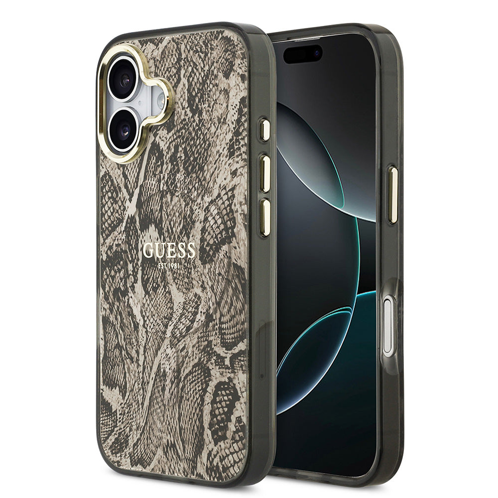 Apple iPhone 17 Kılıf Guess M-safe Şarj Özellikli Yazı Logolu Python Yılan Desenli Kapak Kahverengi