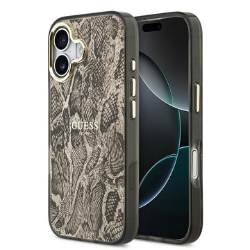 Apple iPhone 17 Kılıf Guess M-safe Şarj Özellikli Yazı Logolu Python Yılan Desenli Kapak Kahverengi