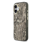 Apple iPhone 17 Kılıf Guess M-safe Şarj Özellikli Yazı Logolu Python Yılan Desenli Kapak Kahverengi