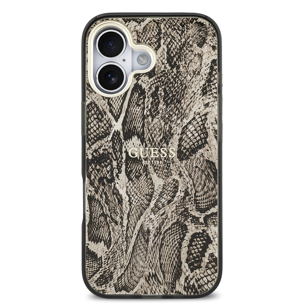 Apple iPhone 17 Kılıf Guess M-safe Şarj Özellikli Yazı Logolu Python Yılan Desenli Kapak Kahverengi