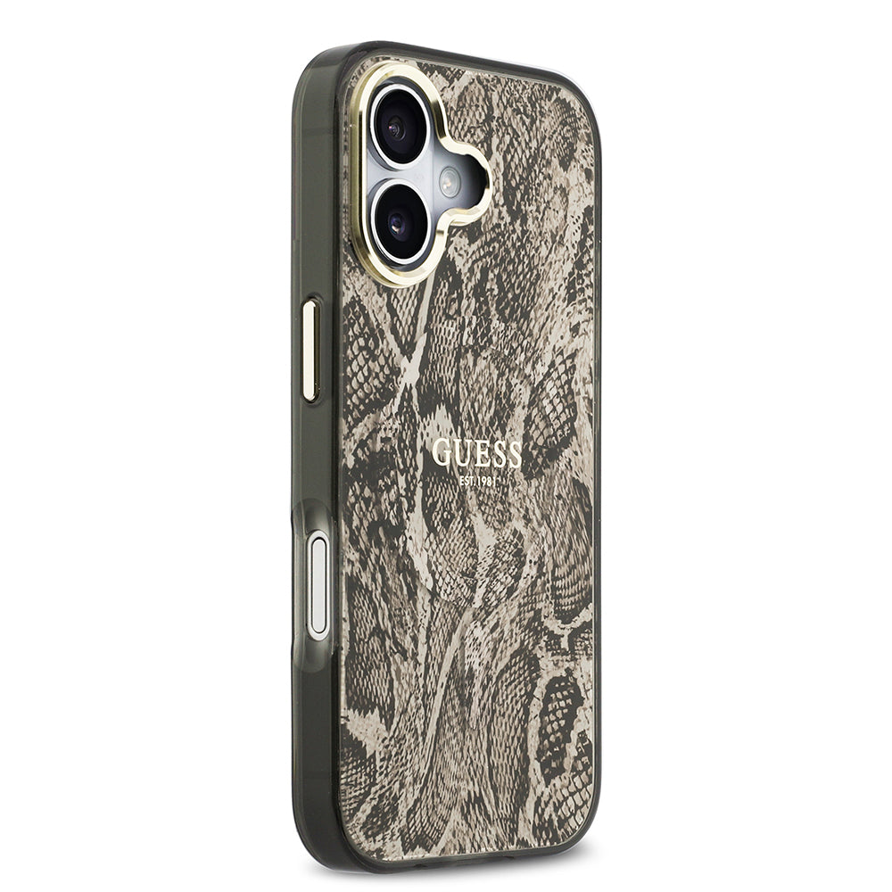 Apple iPhone 17 Kılıf Guess M-safe Şarj Özellikli Yazı Logolu Python Yılan Desenli Kapak Kahverengi